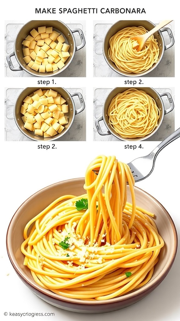 Illustrated recipe steps for spaghetti carbonara, showing ingredients and cooking process.